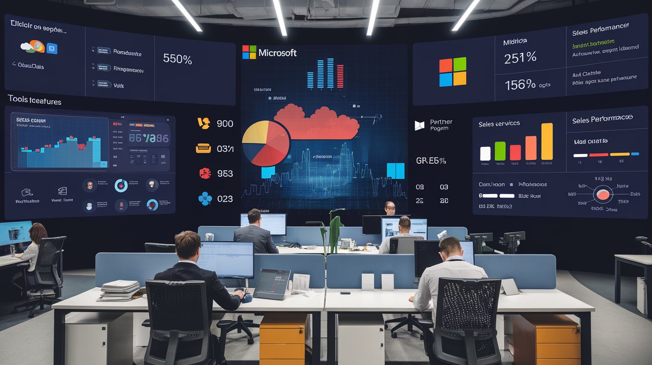 Sales team leveraging Microsoft's Partner Program tools in a modern office, analyzing performance data on large interactive screens to enhance collaboration and efficiency