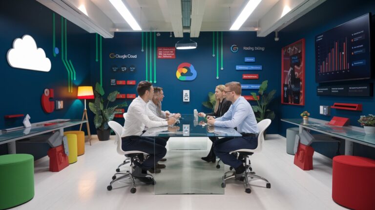 A professional sales team collaborating in a modern workspace, featuring Google Cloud tools and digital training materials