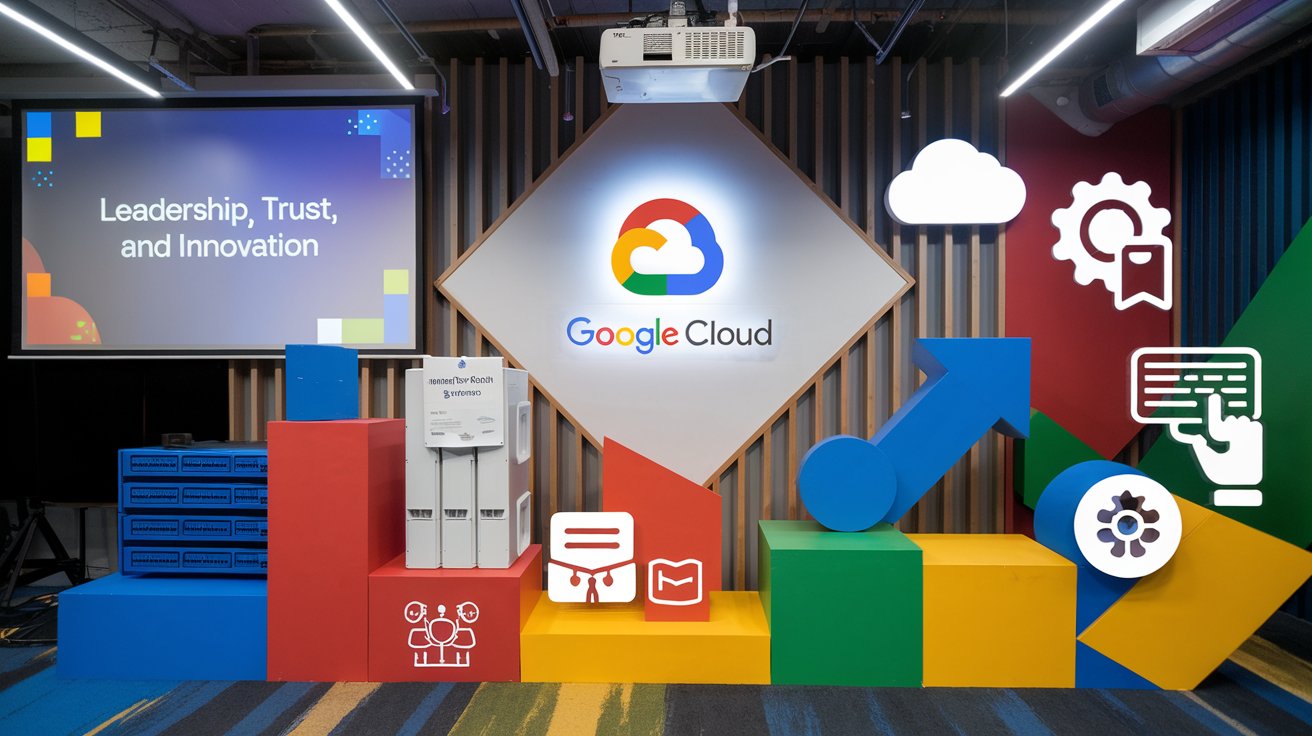 Google Cloud logo, symbols of cloud computing and expertise, and keywords like "Leadership," "Trust," and "Innovation," all in a tech-inspired design with Google’s color scheme