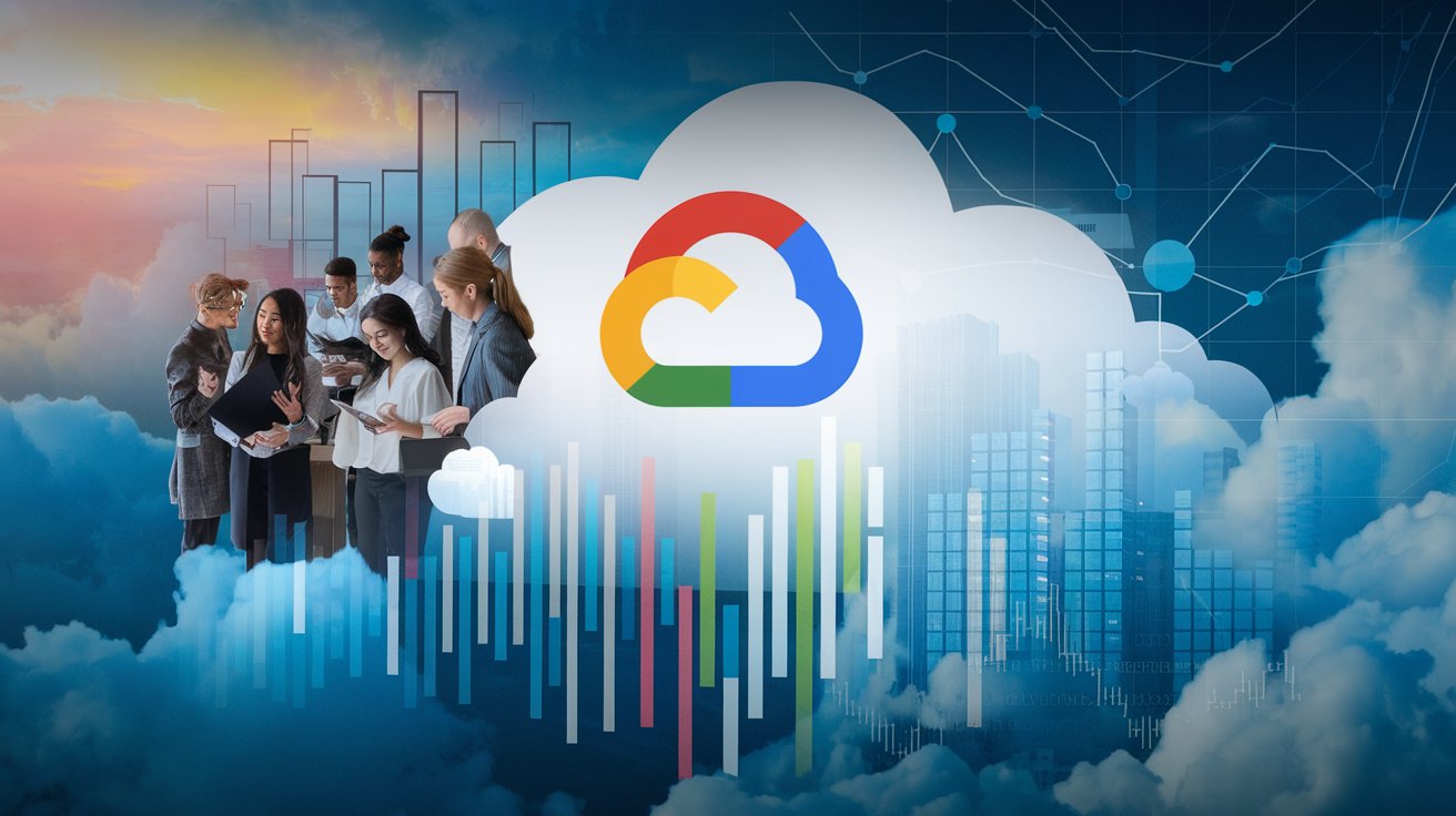 Image showing a cloud-themed background with the Google Cloud logo, diverse professionals collaborating, and abstract graphics symbolizing revenue growth and cloud technology