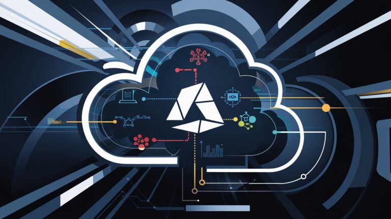 Microsoft cloud solutions with abstract cloud elements, digital connections, and symbols for AI, machine learning, IoT, and data analytics