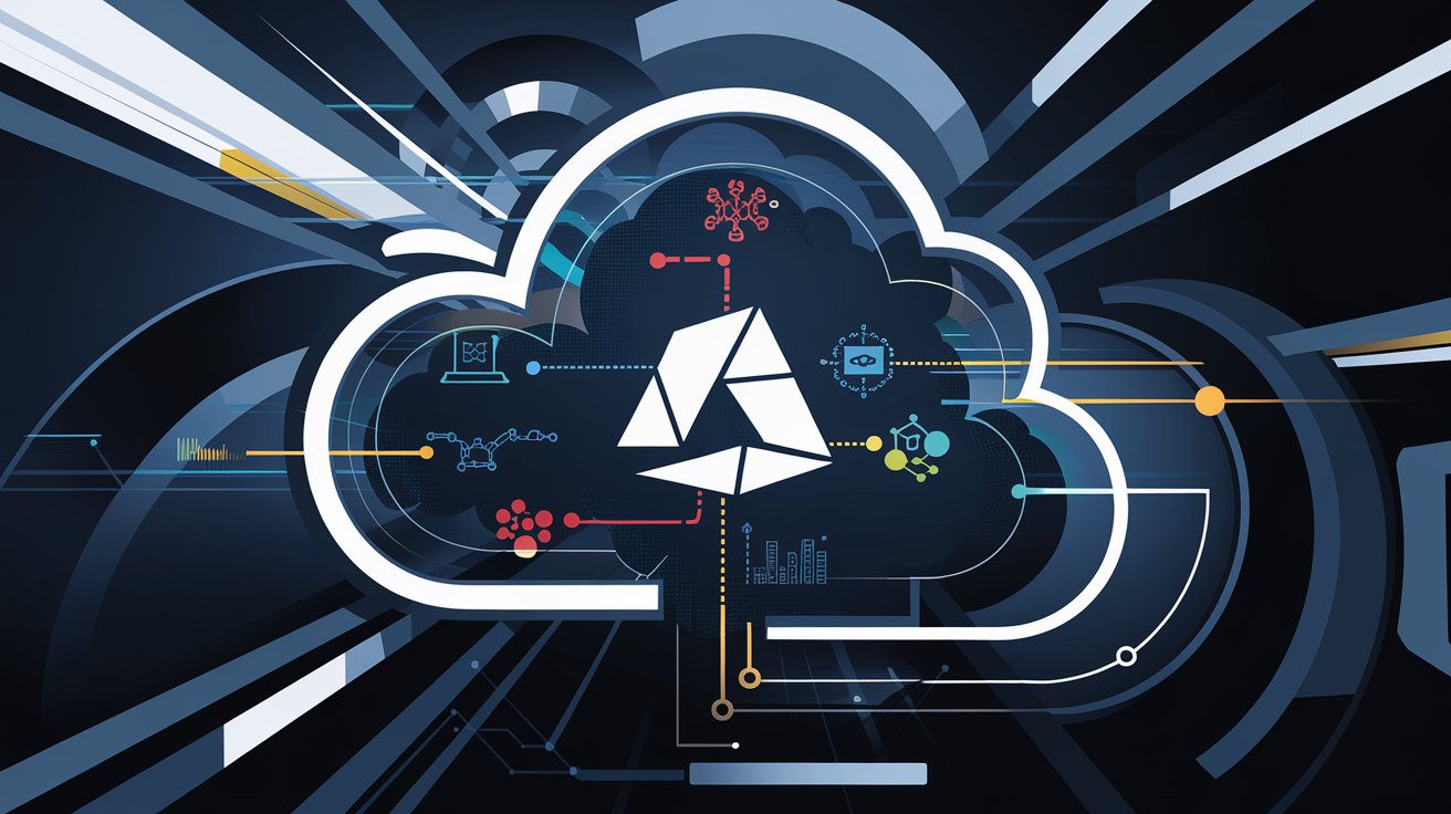 Microsoft cloud solutions with abstract cloud elements, digital connections, and symbols for AI, machine learning, IoT, and data analytics