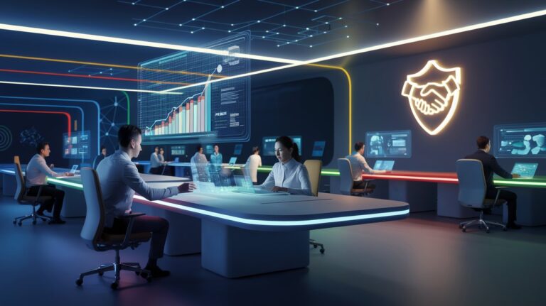 Futuristic office scene showcasing AI-powered tools like Microsoft Copilot and Microsoft 365 E5