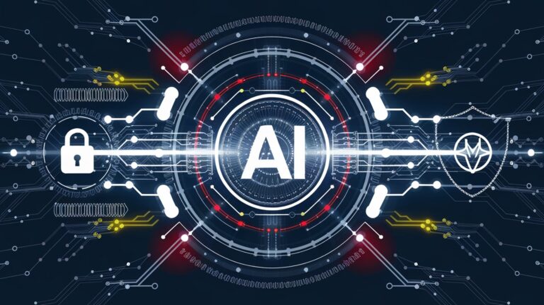 Futuristic AI interface with digital data points and algorithms